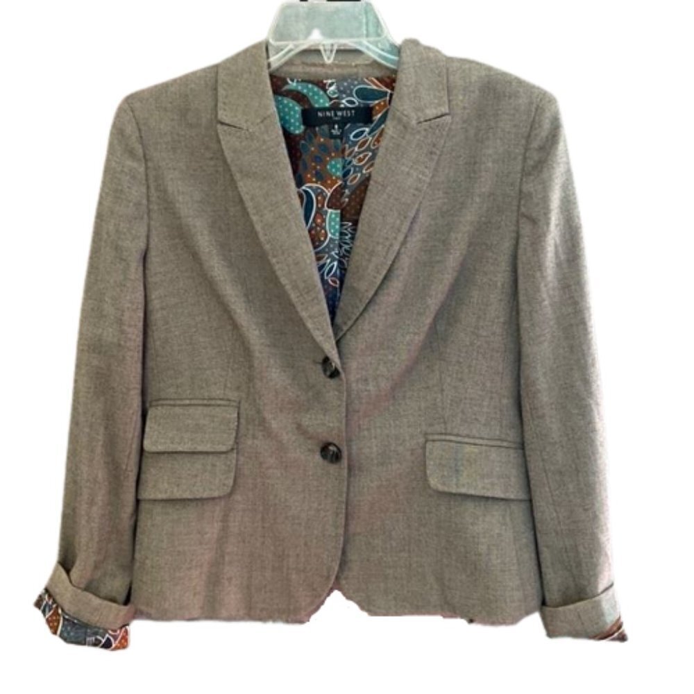Nine West Blazer Plaid Double-Breasted Brown Floral Lining Size 8